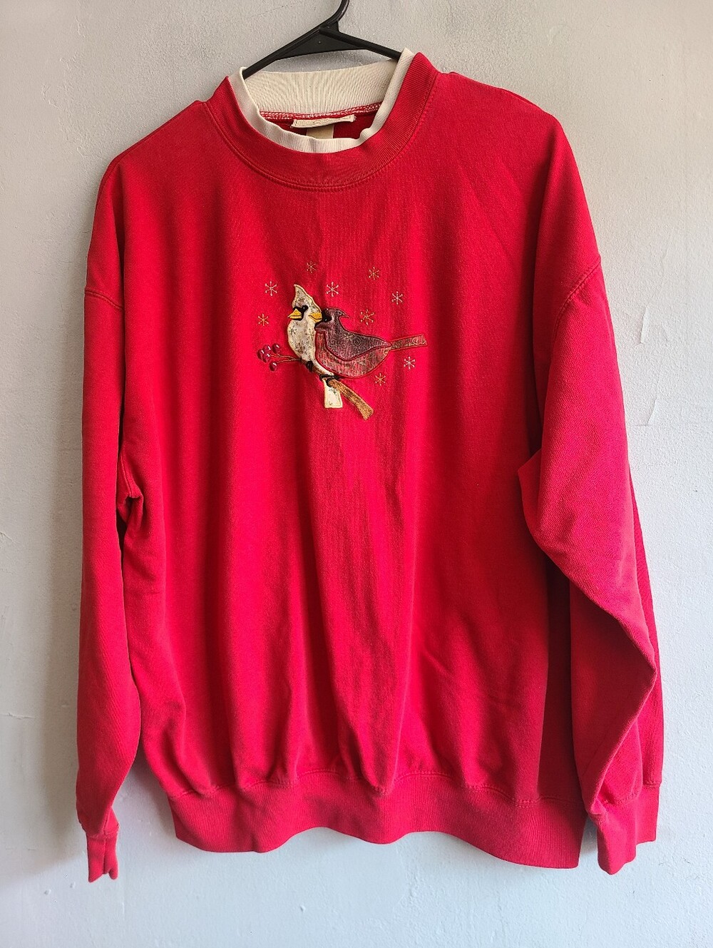 Vintage women's XL 2X red sweatshirt w/ embroidered cardinals patch layered look